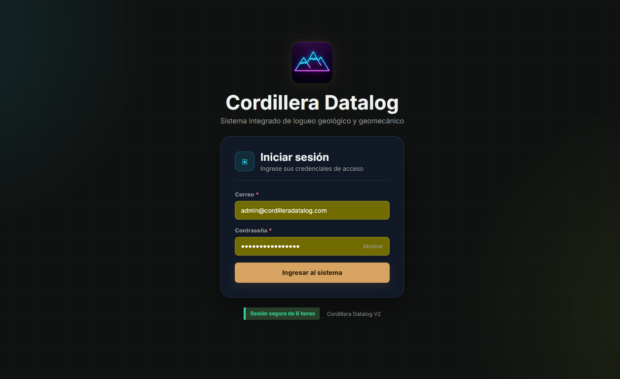 Pantalla de inicio de sesión de Cordillera DataLog